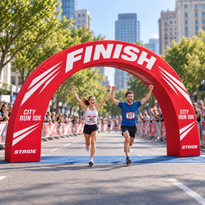 שער קשת פרסומי אדום עם הכיתוב FINISH בקו הסיום של מרוץ ריצה עירוני